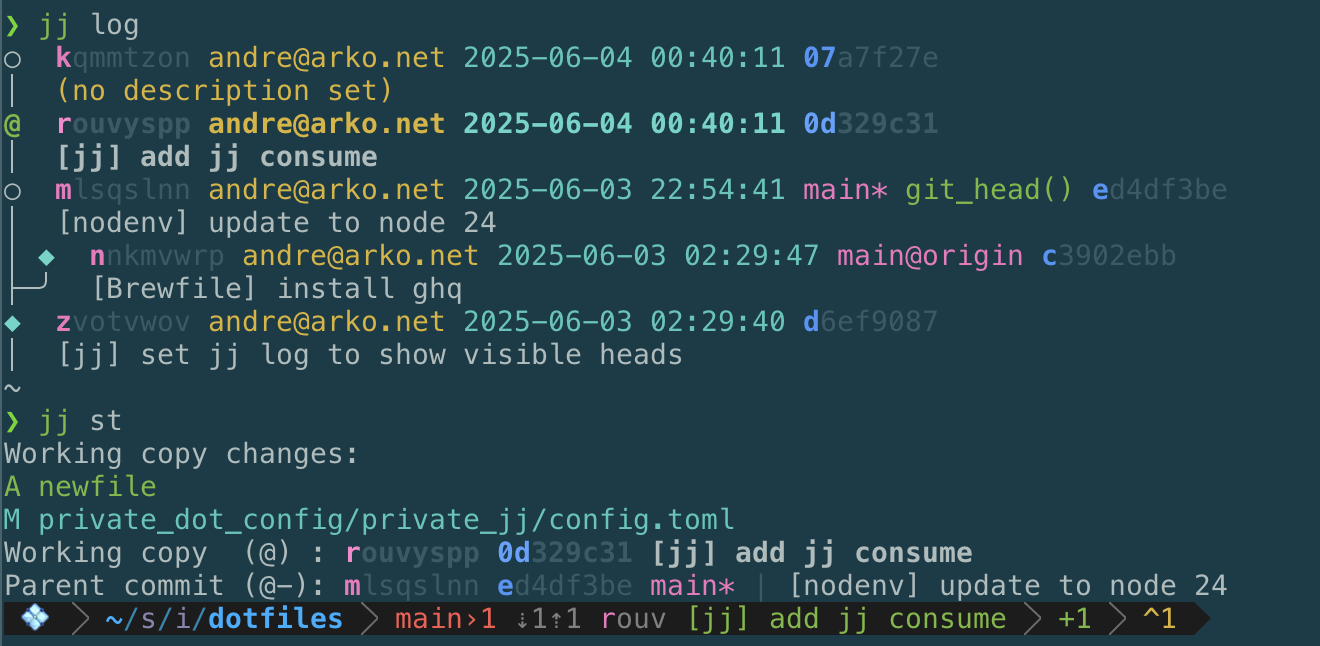 a terminal prompt with the text &ldquo;main›1 ⇣1⇡1 rouv [jj] add jj consume +1 ^1&rdquo;