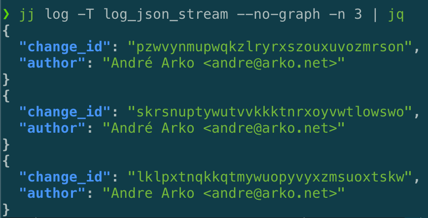 json output from jj log, parsed and formatted by jq